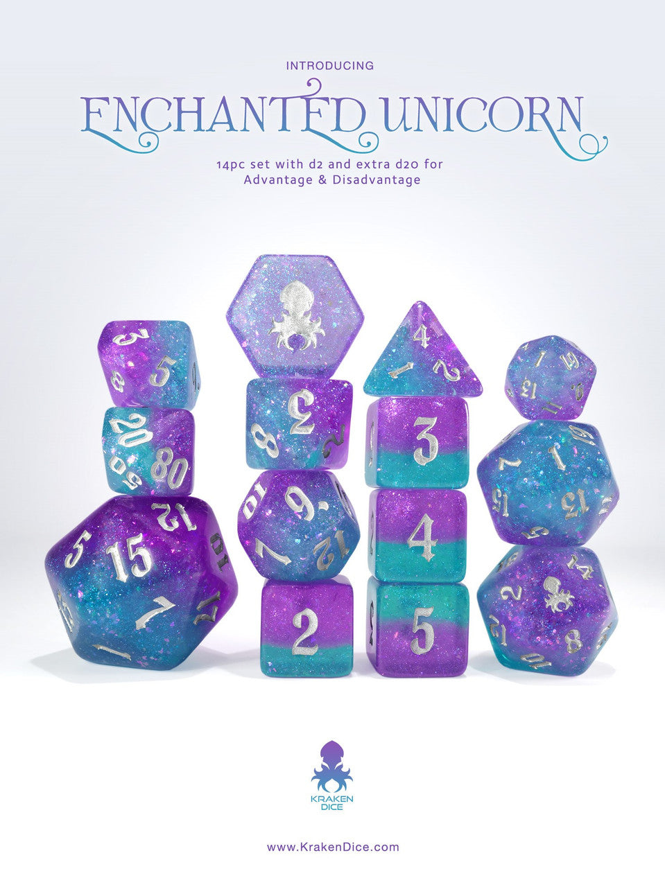Enchanted Unicorn 14pc - Limited Run - Silver Ink Dice Set